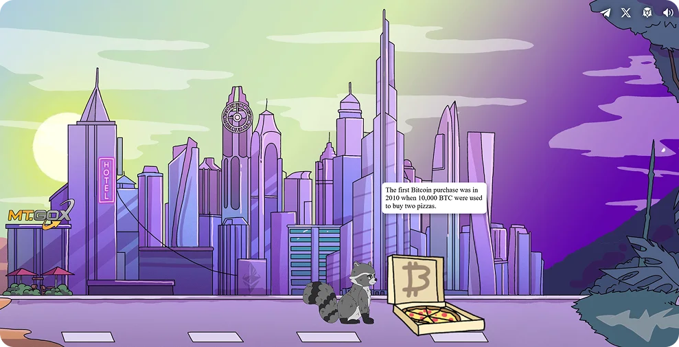 Fred the Raccoon finds the history of the first Bitcoin purchase in a crypto city