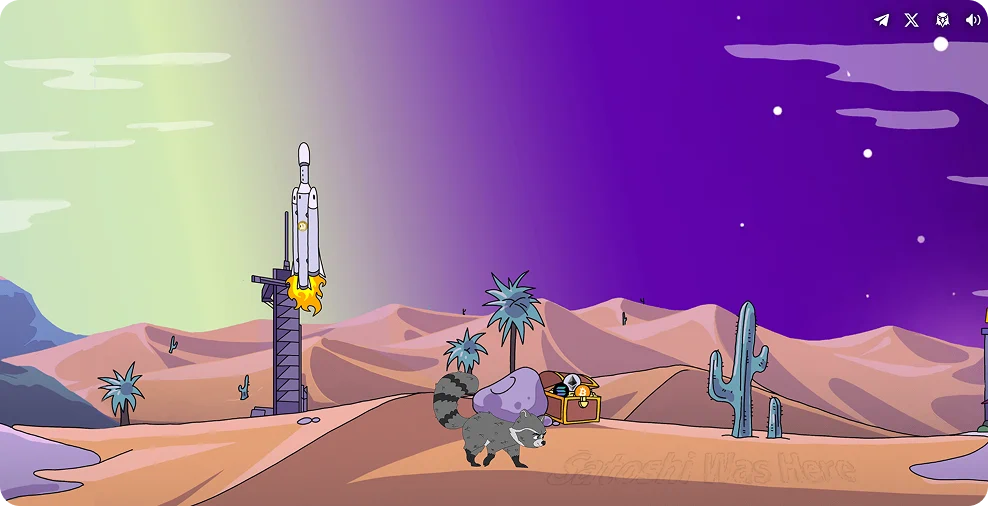 Fred the Raccoon explores the desert biome with a rocket and a crypto chest