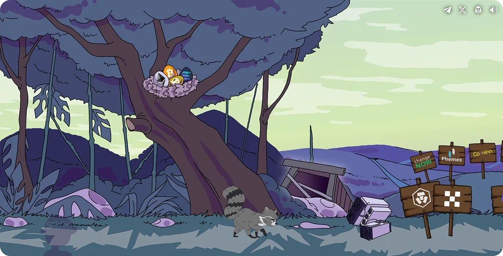 Fred the raccoon chooses a path from Web3 signs in the forest biome