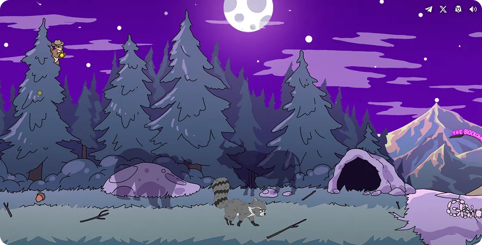 Fred the Raccoon explores the coniferous forest at night