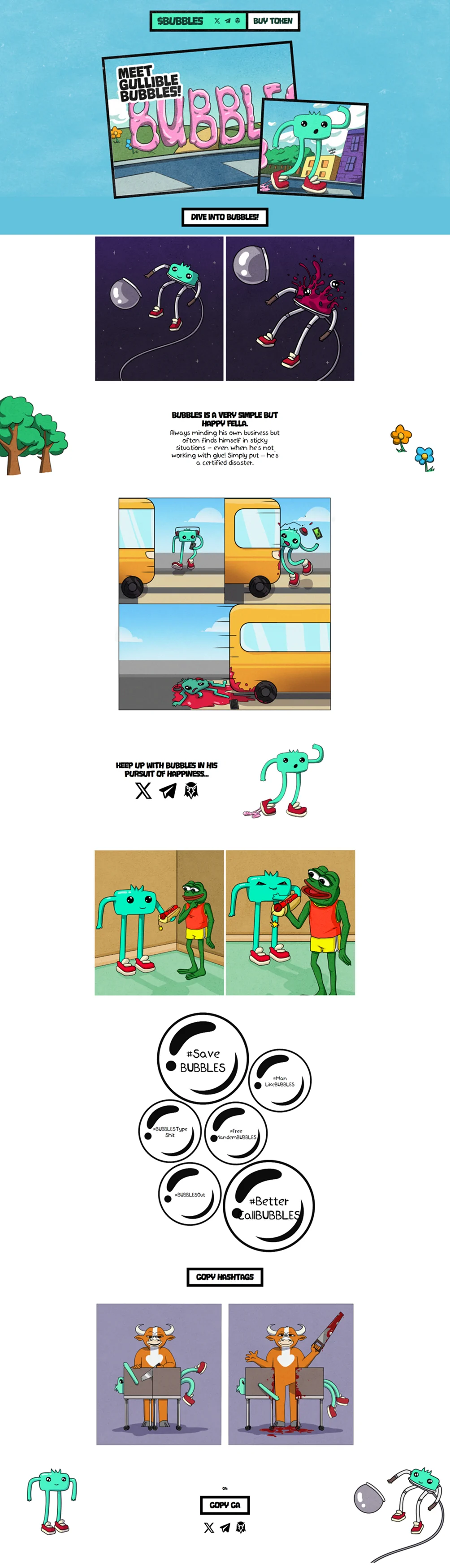 Full page of the $BUBBLES promo site with comic panels, hashtags and a contract block