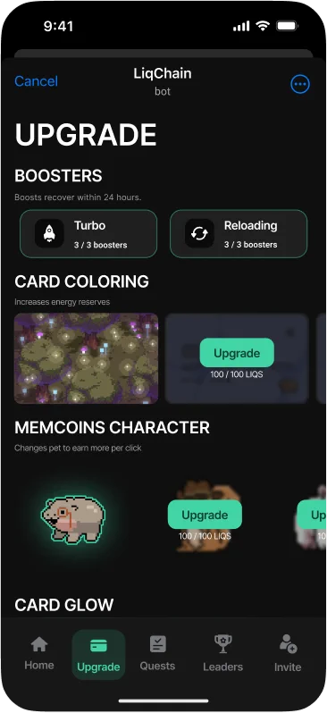 Screen for upgrading boosters and registering a LiqChain card