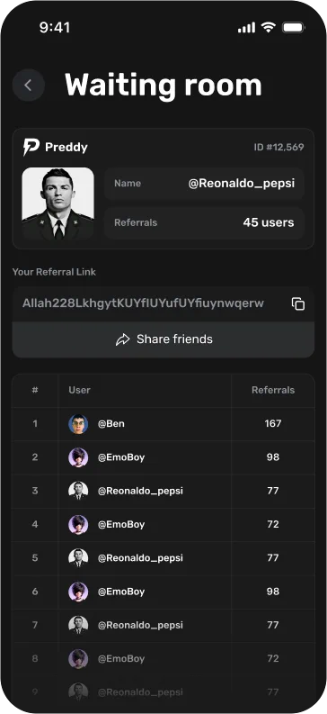 Account and referral leaderboard Preddy